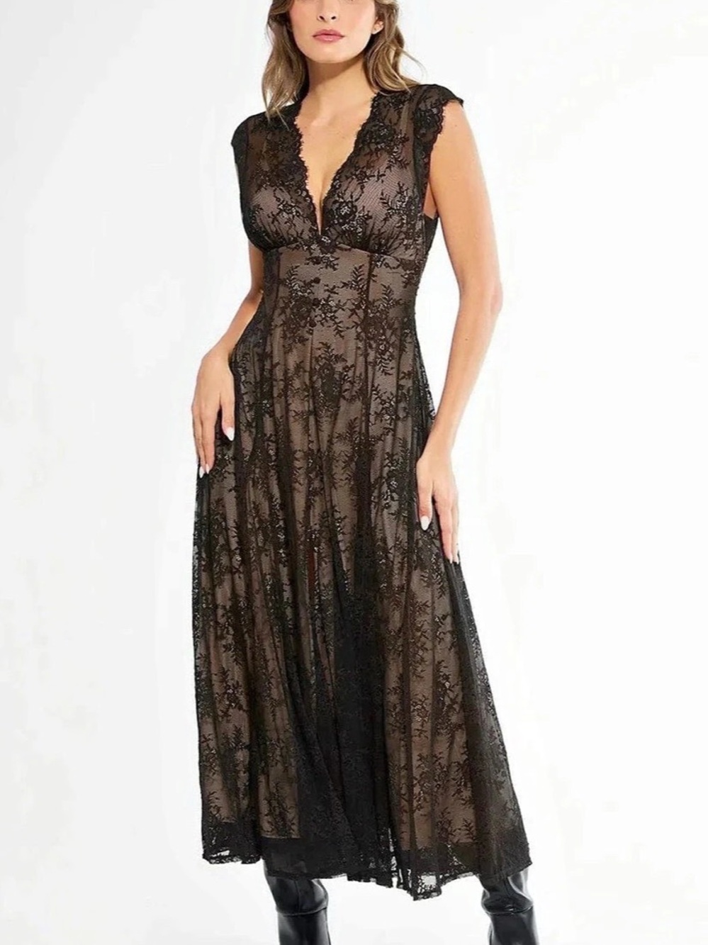 Popilush BOHO Floral Lace Maxi Dress in Black & skin